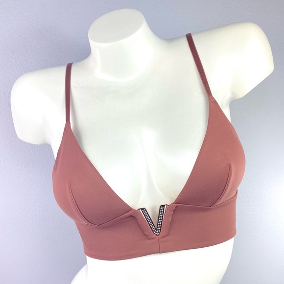 XS VS Deep Metal V Plunge Rhinestone Pink Bra - Picture 1 of 5